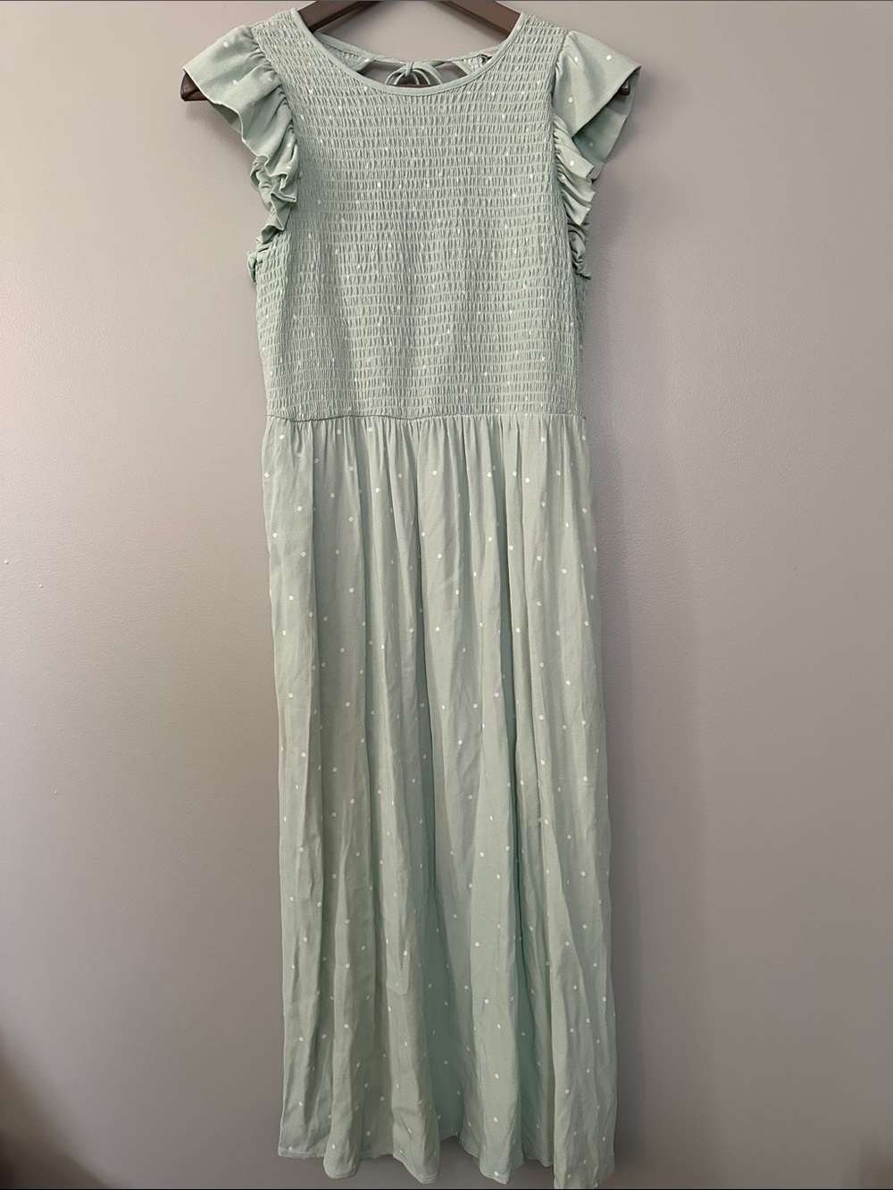A New Day XS Polka Dot Mint Green Smocked Midi Dress with Ruffle Sleeves NWT